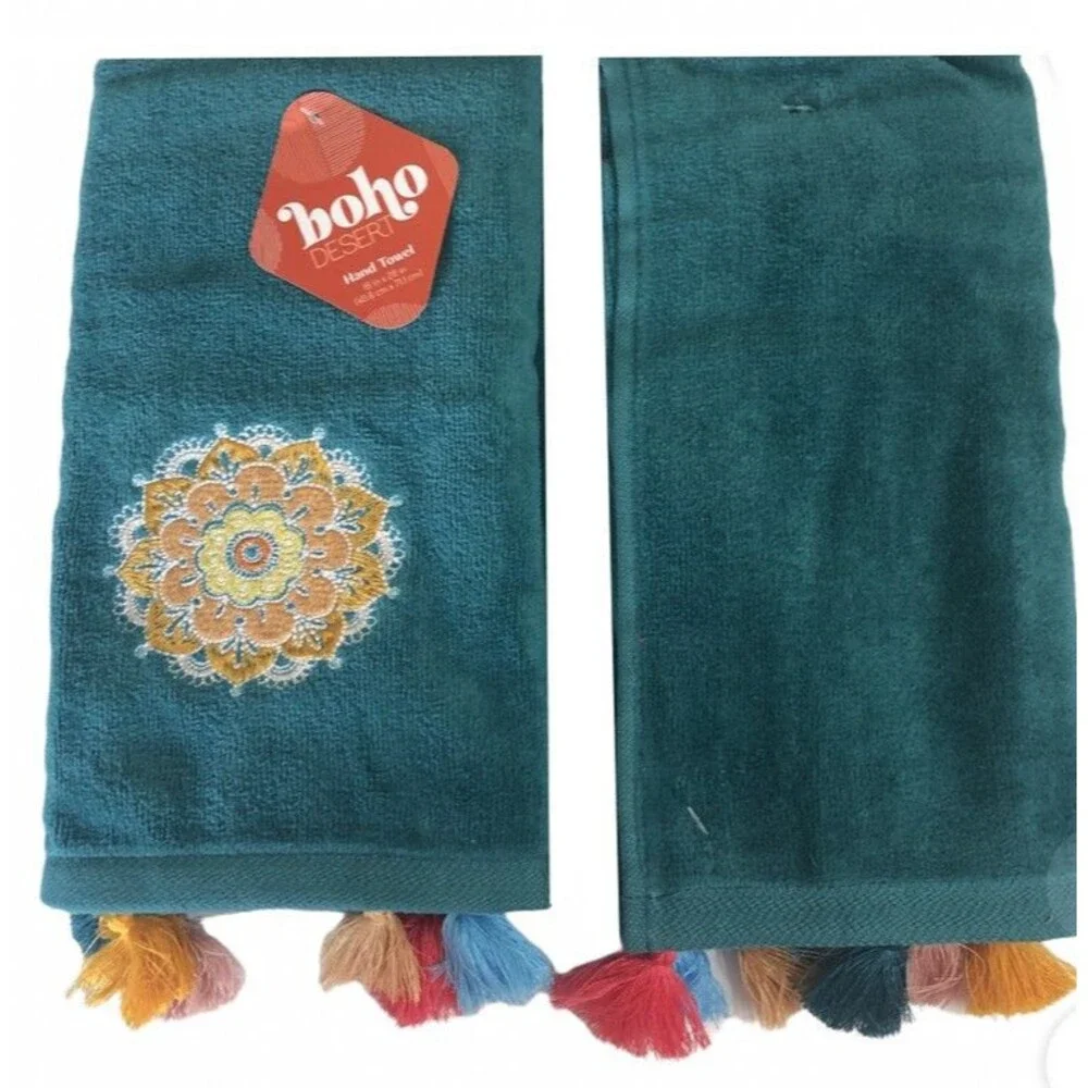 Boho Desert Southwest Hand Towels Embroidered Tassels Native Turquoise Set of 2